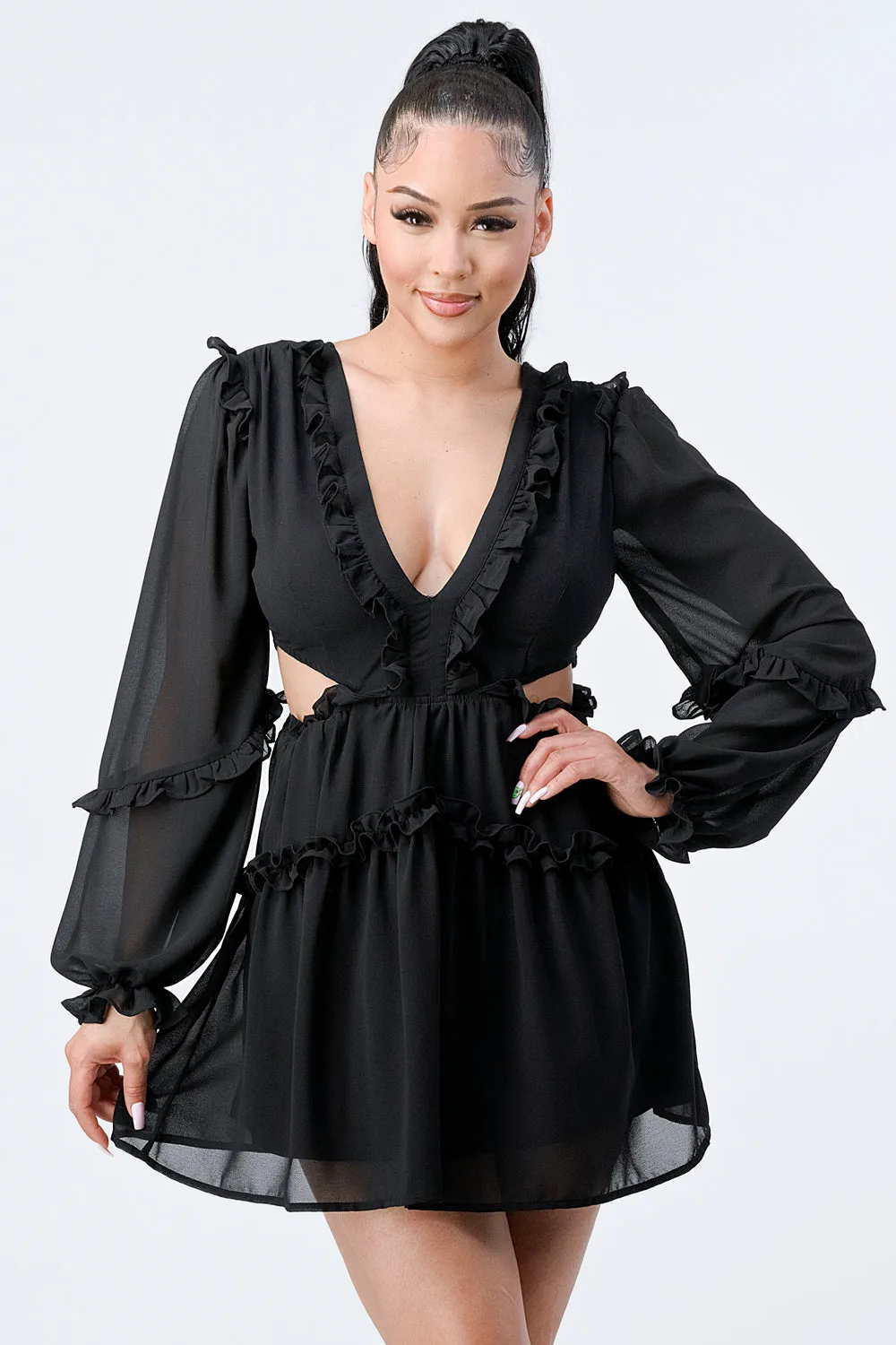 CRISS-CROSS BACK SIDE CUT-OUT FRILLED DRESS sold by privy
