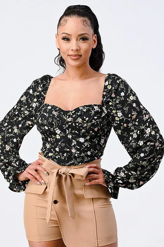 FLORAL SMOCKED SWEETHEART PUFF BELL SLEEVES TOP sold by privy