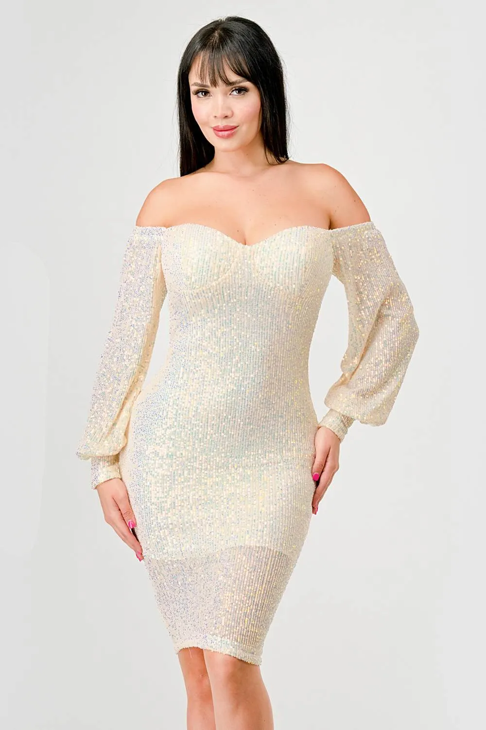 LUXE SEQUINS SWEETHEART OFF SHOULDER MIDI DRESS sold by privy