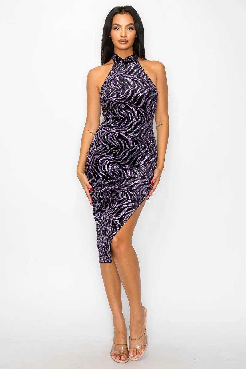 GLAM ZEBRA VELVET GLITTER HALTER NECK MIDI DRESS sold by privy product image thumbnail 4
