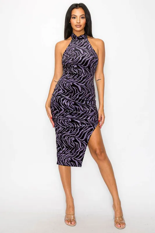 GLAM ZEBRA VELVET GLITTER HALTER NECK MIDI DRESS sold by privy
