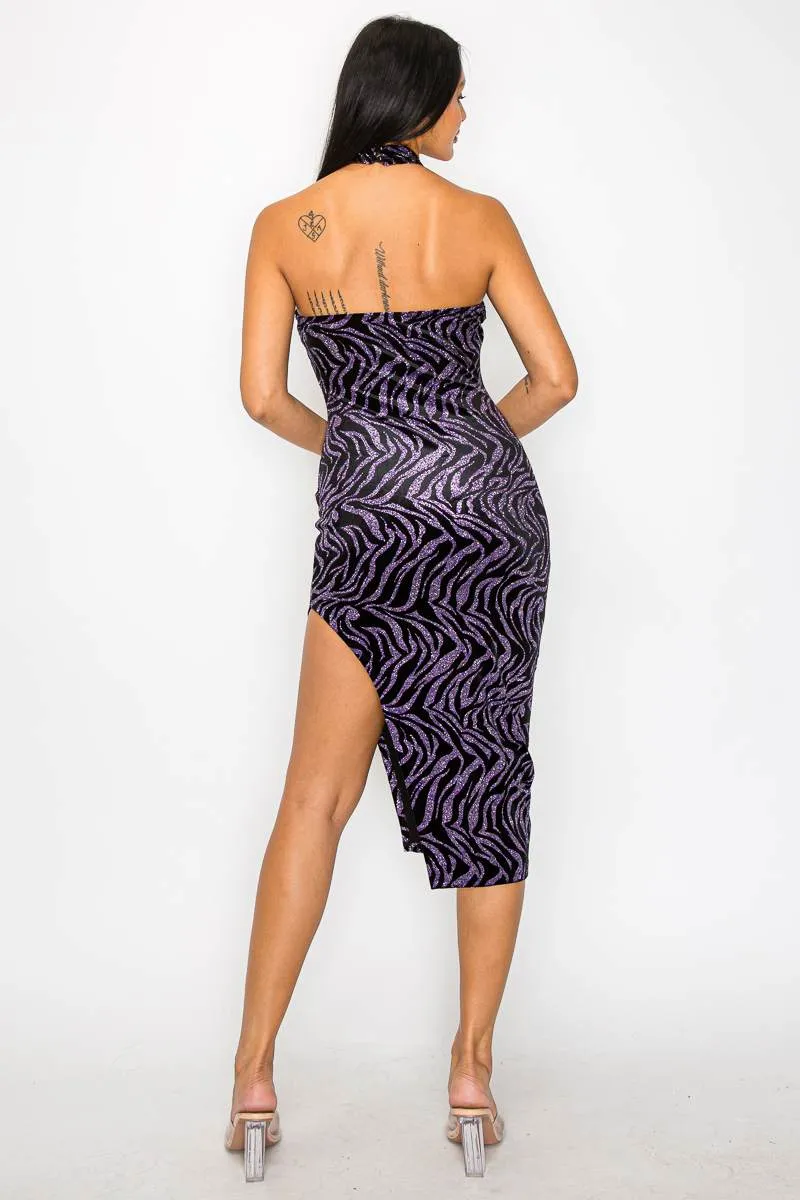 GLAM ZEBRA VELVET GLITTER HALTER NECK MIDI DRESS sold by privy product image thumbnail 3