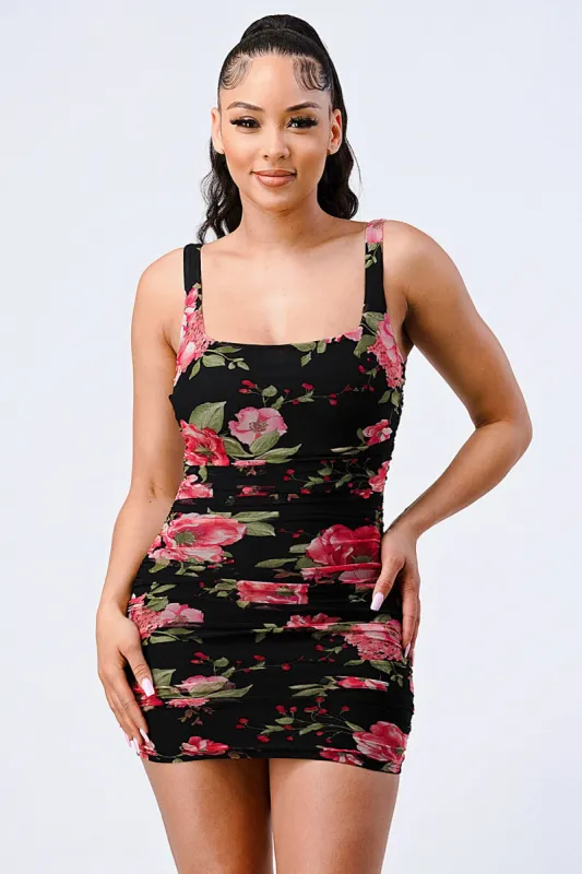 FLORAL SQUARE NECK RUCHED BODYCON MINI DRESS sold by privy