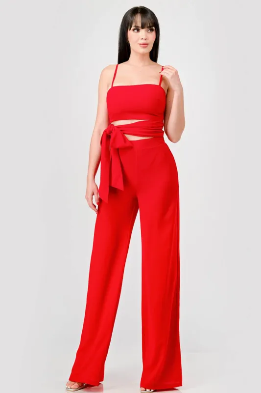 LUXE SPAGHETTI STRAPS CUTOUT WAIST TIE JUMPSUIT sold by privy