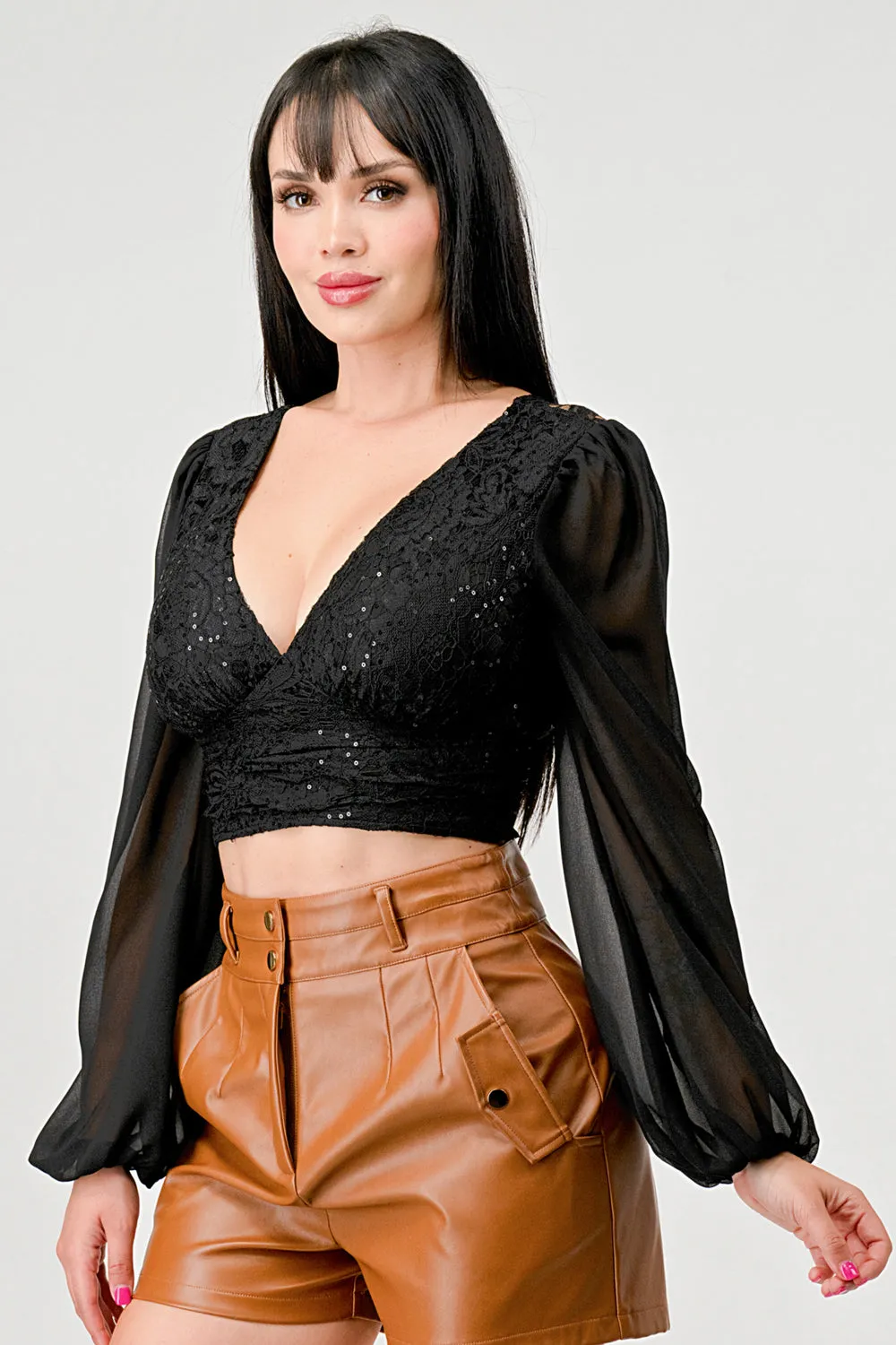 LUXE LACE SEQUINS SHEER LONG SLEEVES CROPPED TOP sold by privy