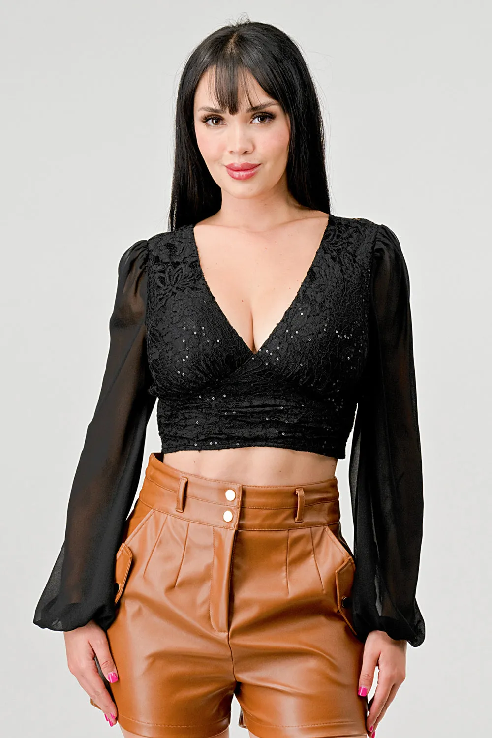 LUXE LACE SEQUINS SHEER LONG SLEEVES CROPPED TOP sold by privy product image thumbnail 2