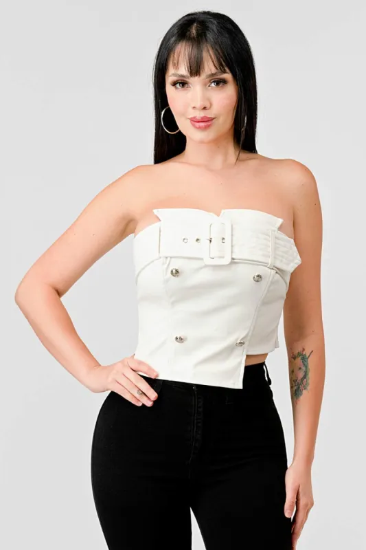 CHIC PLEATHER TUBE BELTED BUTTONS BUSTIER TANK TOP made by privy