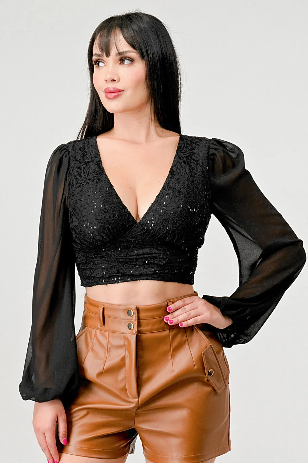 LUXE LACE SEQUINS SHEER LONG SLEEVES CROPPED TOP sold by privy product image thumbnail 3