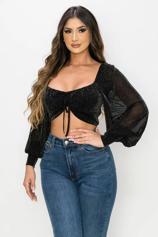 TRENDY FRONT SHIRRING LONG SLEEVED CROPPED TOP sold by privy