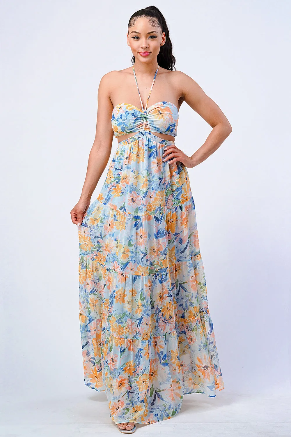 PD71799S / FLORAL HALTER SMOCKED SWEETHEART MAXI DRESS sold by privy