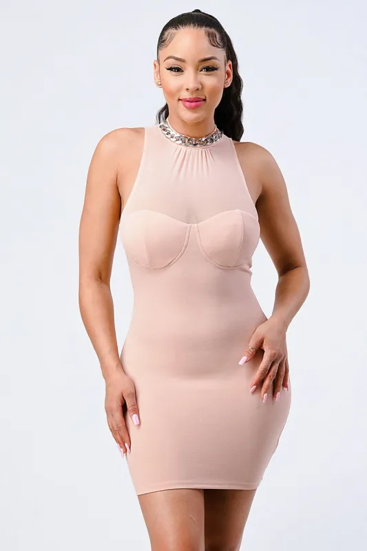 LUX SILVER CHAIN NECKLACE MESH NECK BODYCON DRESS made by privy