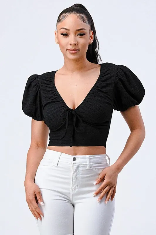 FRONT SHIRRING DETAIL KNIT CROPPED TOP sold by privy