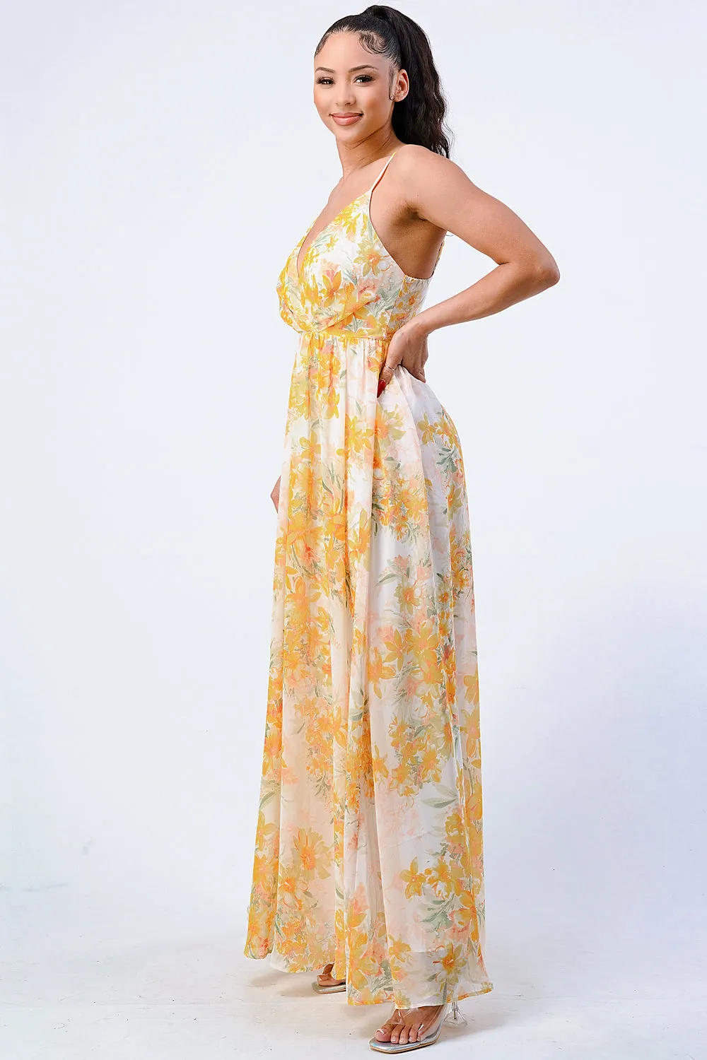 FLORAL CHIFFON WRAP V-NECK LINE FLARED MAXI DRESS sold by privy product image thumbnail 2