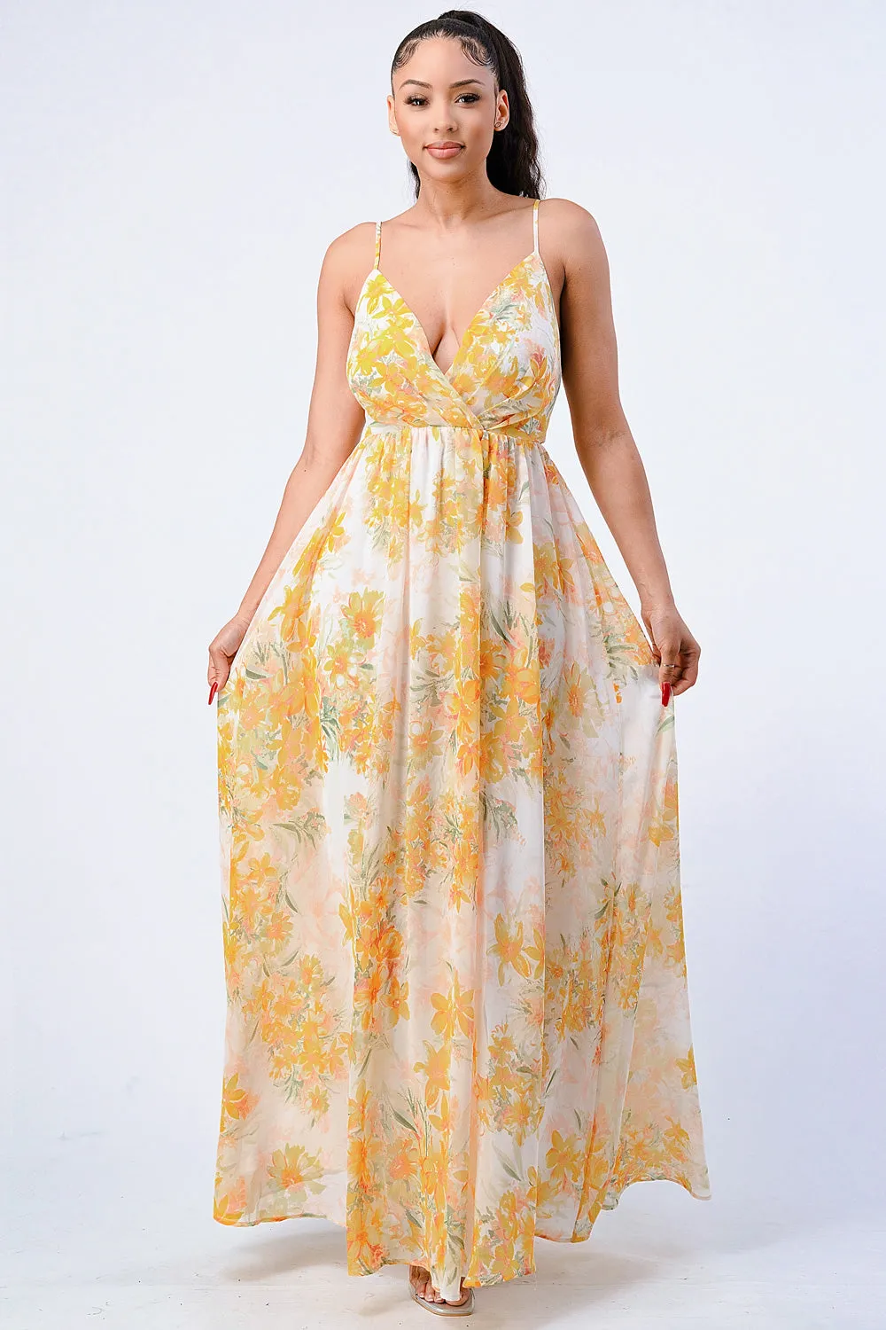 FLORAL CHIFFON WRAP V-NECK LINE FLARED MAXI DRESS sold by privy product image thumbnail 4