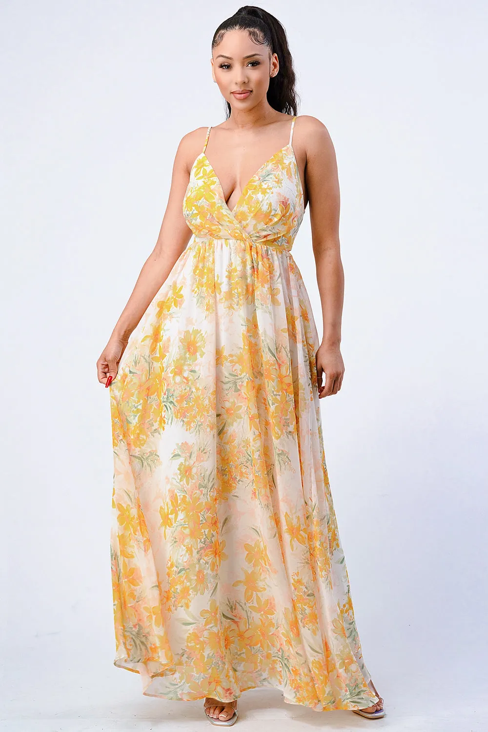 FLORAL CHIFFON WRAP V-NECK LINE FLARED MAXI DRESS sold by privy