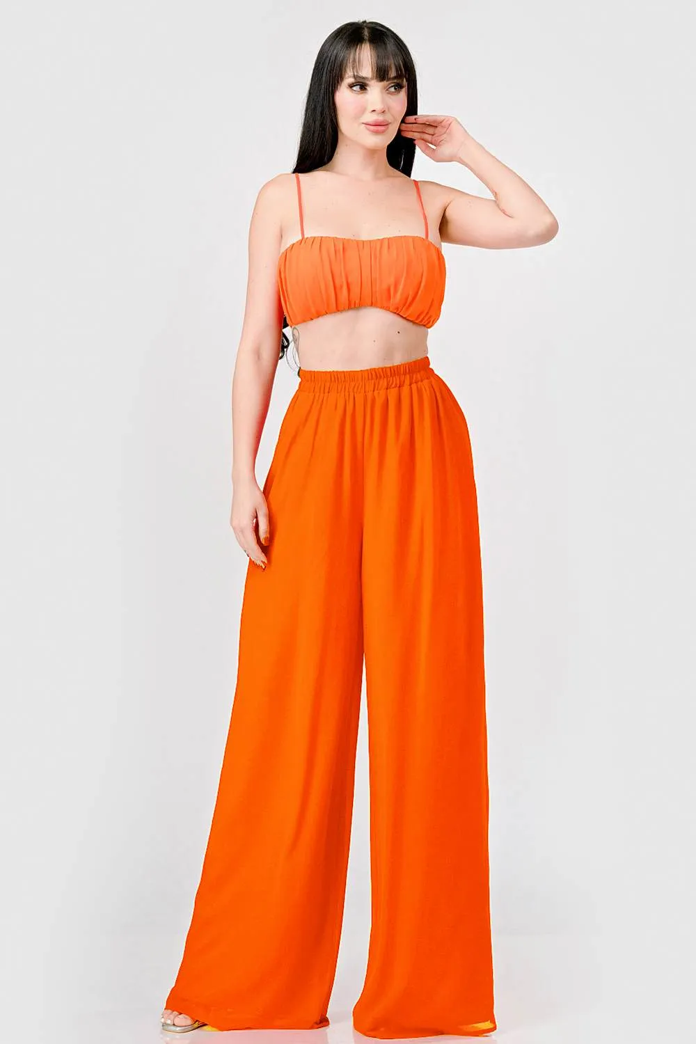 CHELSEA CHIFFON RUCHED CROP TOP & PANTS SET sold by privy
