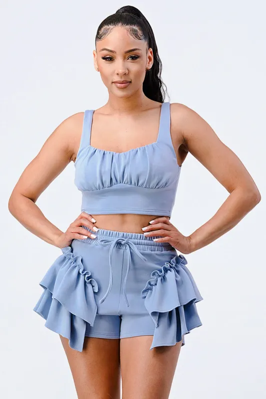 PS8480K-W / RUFFLES N FRILLS CROPPED TANK AND SHORTS SET sold by privy