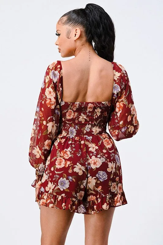 PJ10436K-W / FLORAL SMOCKED SWEETHEART PUFF BELL SLEEVES ROMPER sold by privy product image thumbnail 3