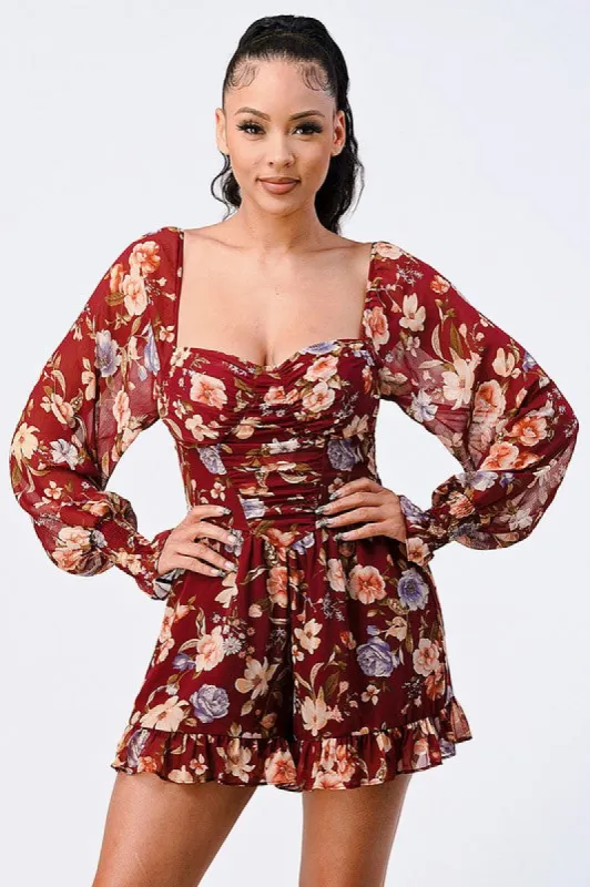 PJ10436K-W / FLORAL SMOCKED SWEETHEART PUFF BELL SLEEVES ROMPER sold by privy