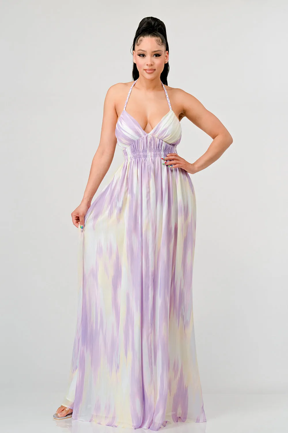TIE DYE PRINT SWEETHEART HATLER NECK MAXI DRESS sold by privy