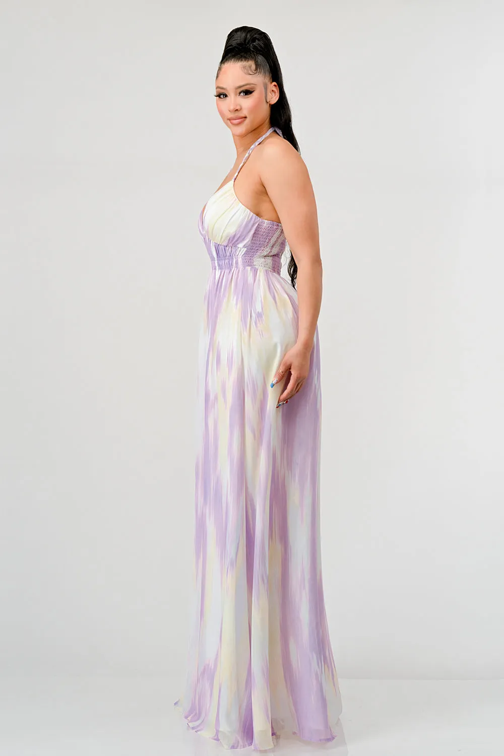 TIE DYE PRINT SWEETHEART HATLER NECK MAXI DRESS sold by privy product image thumbnail 2