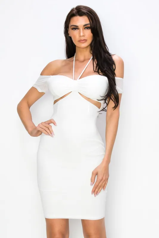 PD75958K-W / LUX HALTER NECK SIDE CUTOUT BODYCON DRESS sold by privy