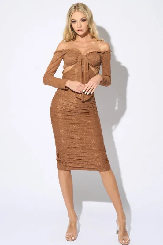 LACE RUFFLED OFF SHOULDER KNOT FRONT MIDI DRESS sold by privy