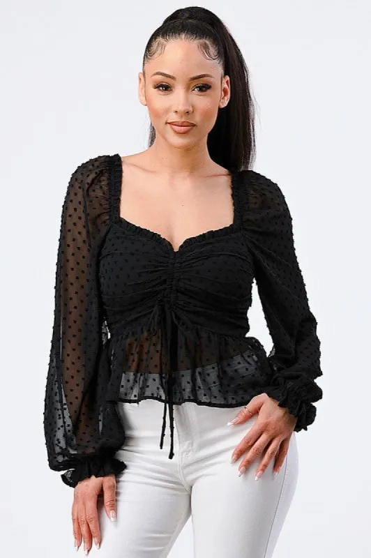 POLKA DOT MESH SWEETHEART SMOCKED RUFFLED TOP sold by privy