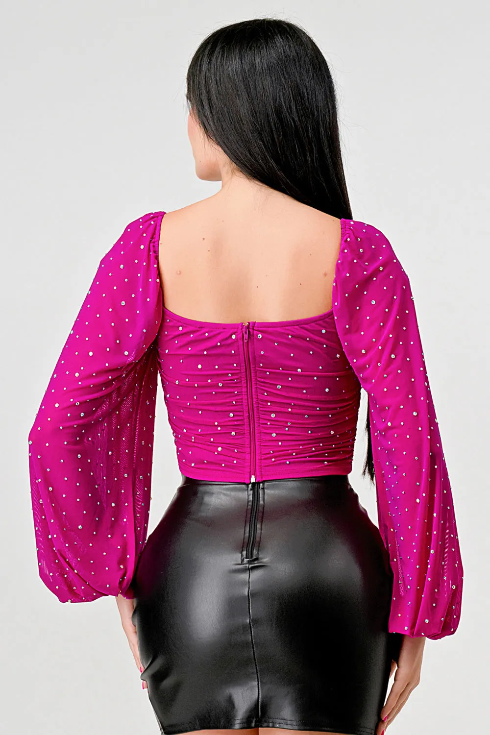 RHINESTONES MESH SWEETHEART PEASANT RUCHED TOP sold by privy product image thumbnail 4