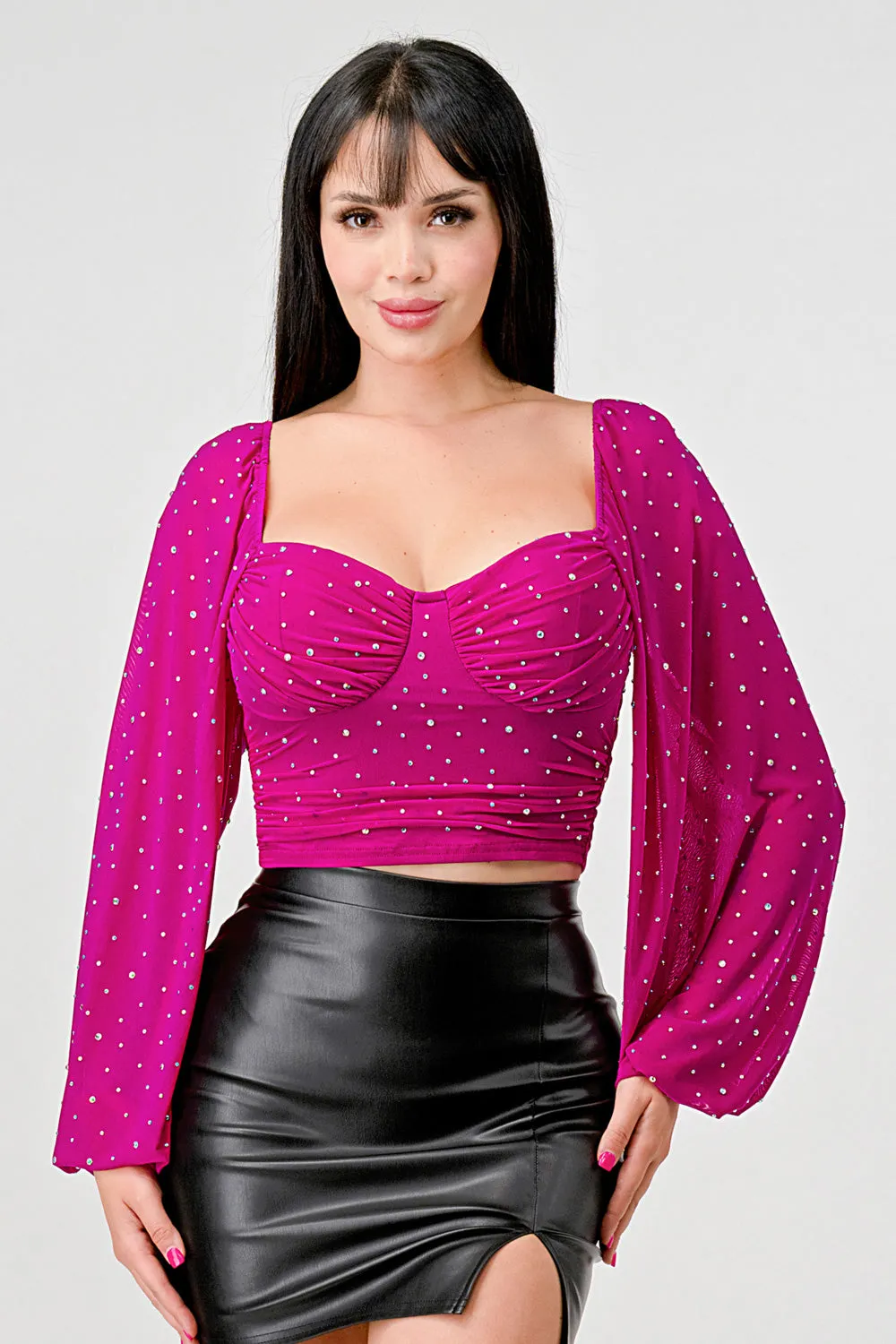RHINESTONES MESH SWEETHEART PEASANT RUCHED TOP sold by privy product image thumbnail 2