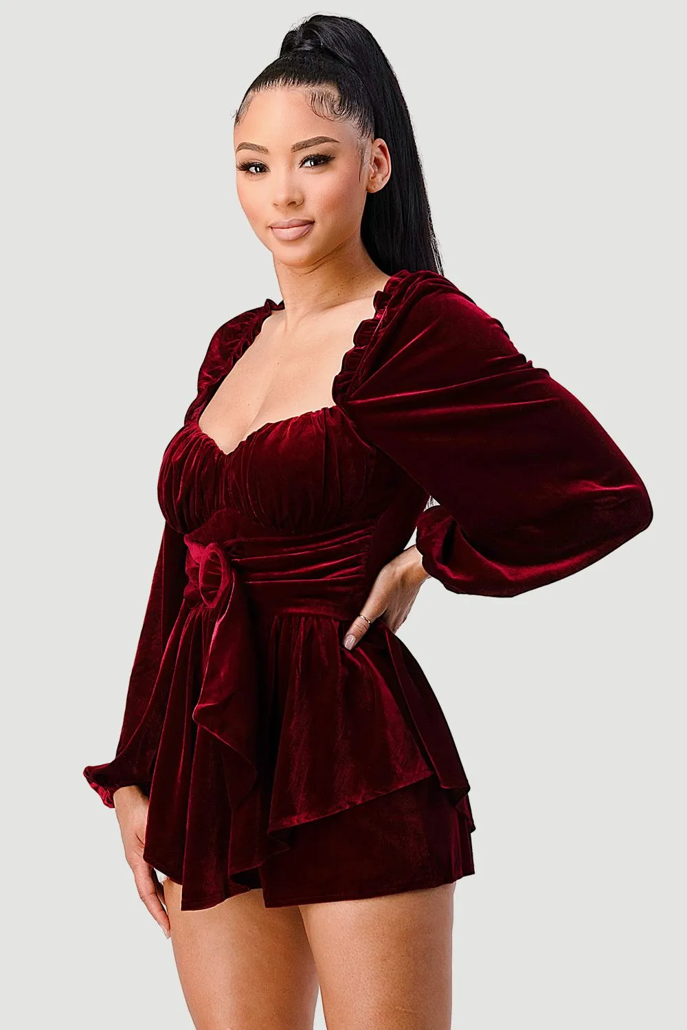 LUXE VELVET BELTED SWEETHEART PEASANT ROMPER sold by privy product image thumbnail 2