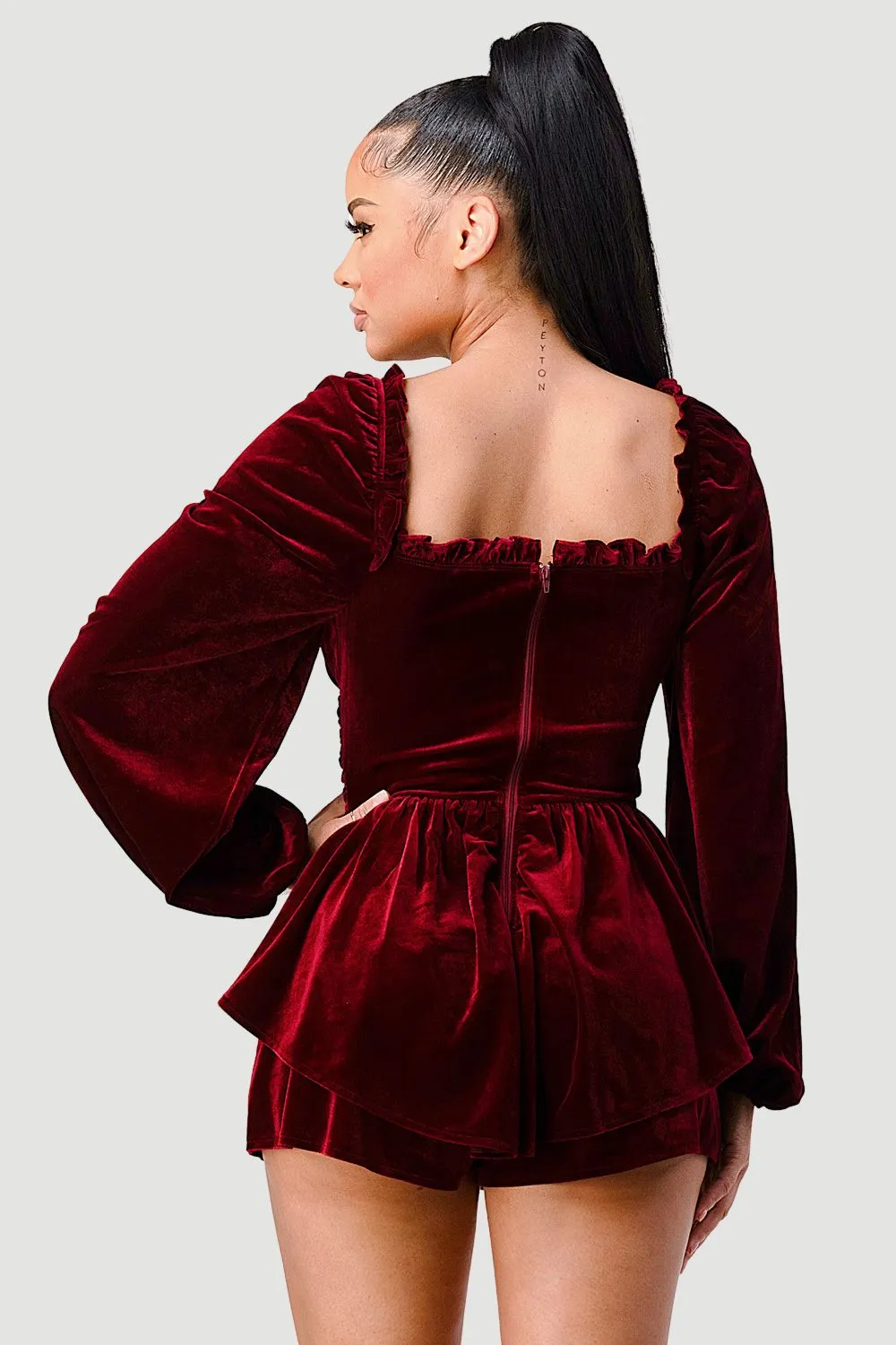 LUXE VELVET BELTED SWEETHEART PEASANT ROMPER sold by privy product image thumbnail 3