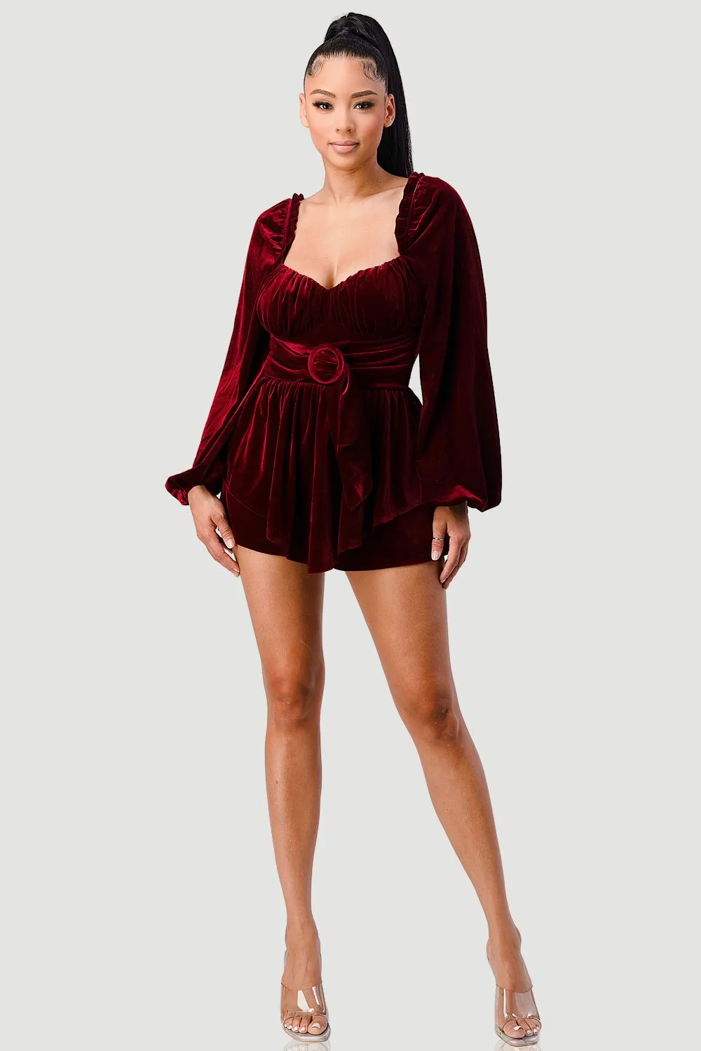 LUXE VELVET BELTED SWEETHEART PEASANT ROMPER sold by privy product image thumbnail 4