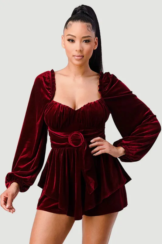 LUXE VELVET BELTED SWEETHEART PEASANT ROMPER sold by privy