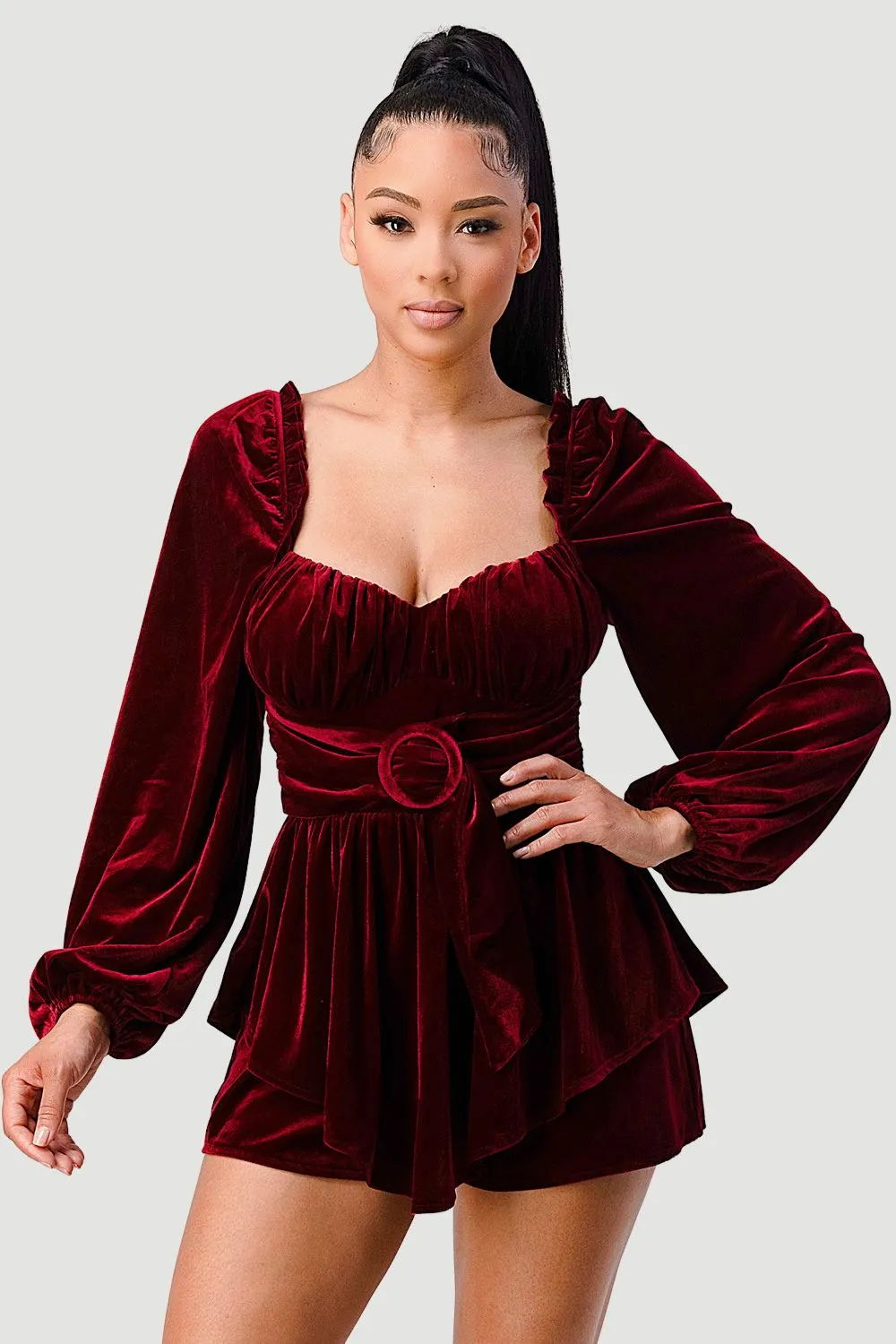 LUXE VELVET BELTED SWEETHEART PEASANT ROMPER sold by privy