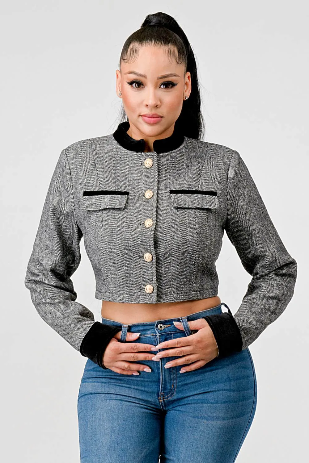 LUXE GOLD BUTTON DOWN CROPPED JACKET sold by privy product image thumbnail 2