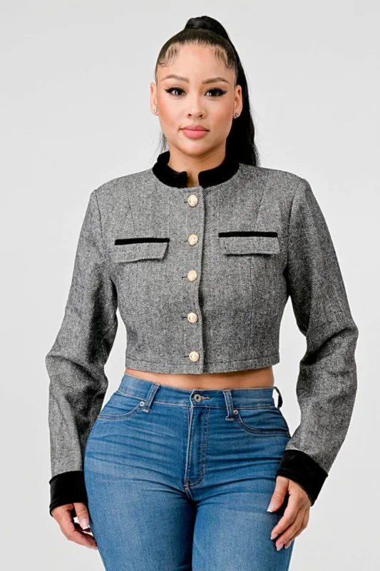 LUXE GOLD BUTTON DOWN CROPPED JACKET sold by privy
