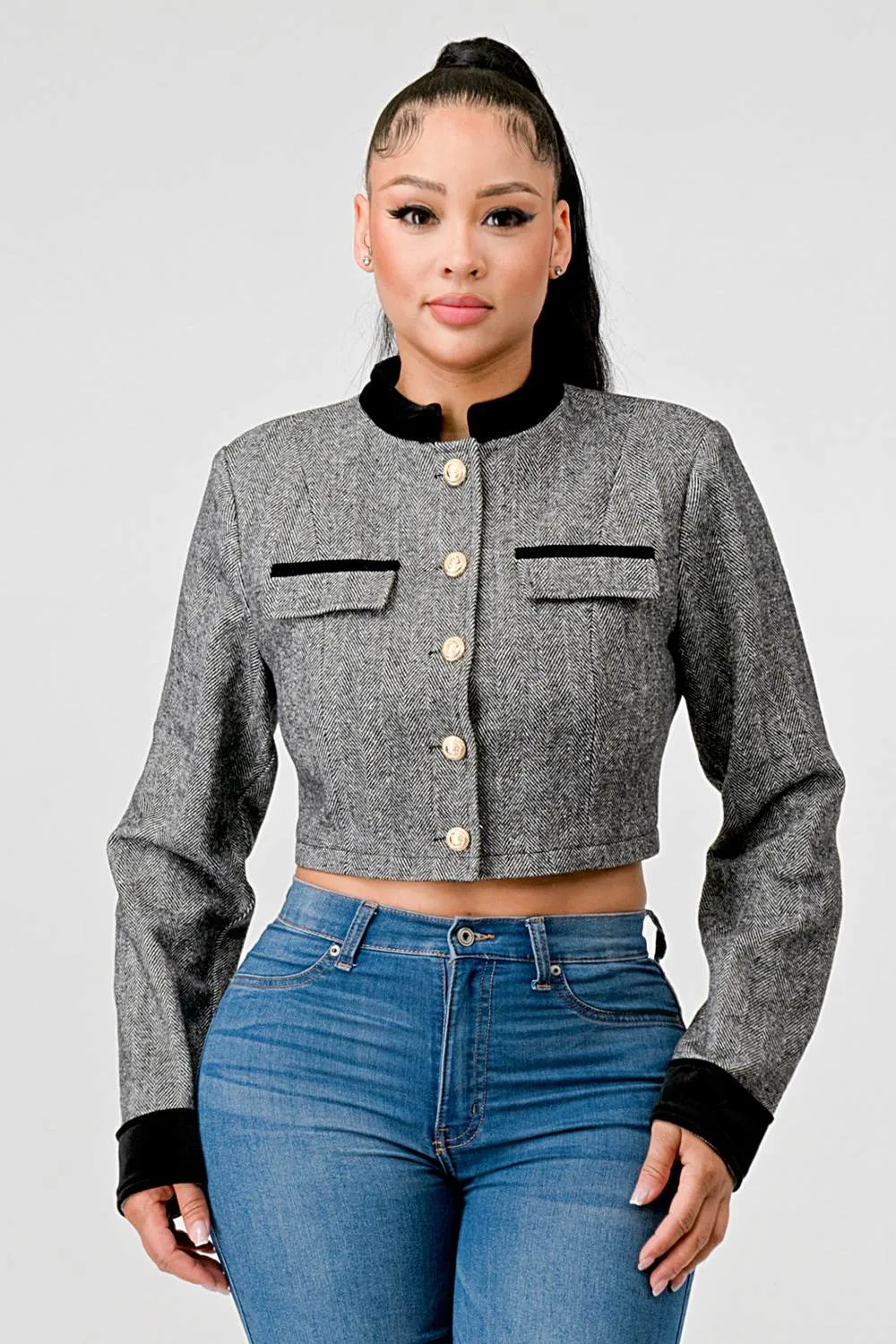LUXE GOLD BUTTON DOWN CROPPED JACKET sold by privy