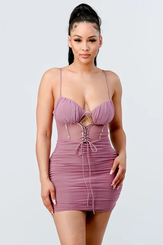 LUX SEE-THRU MESH RUCHED CORSET MINI DRESS sold by privy
