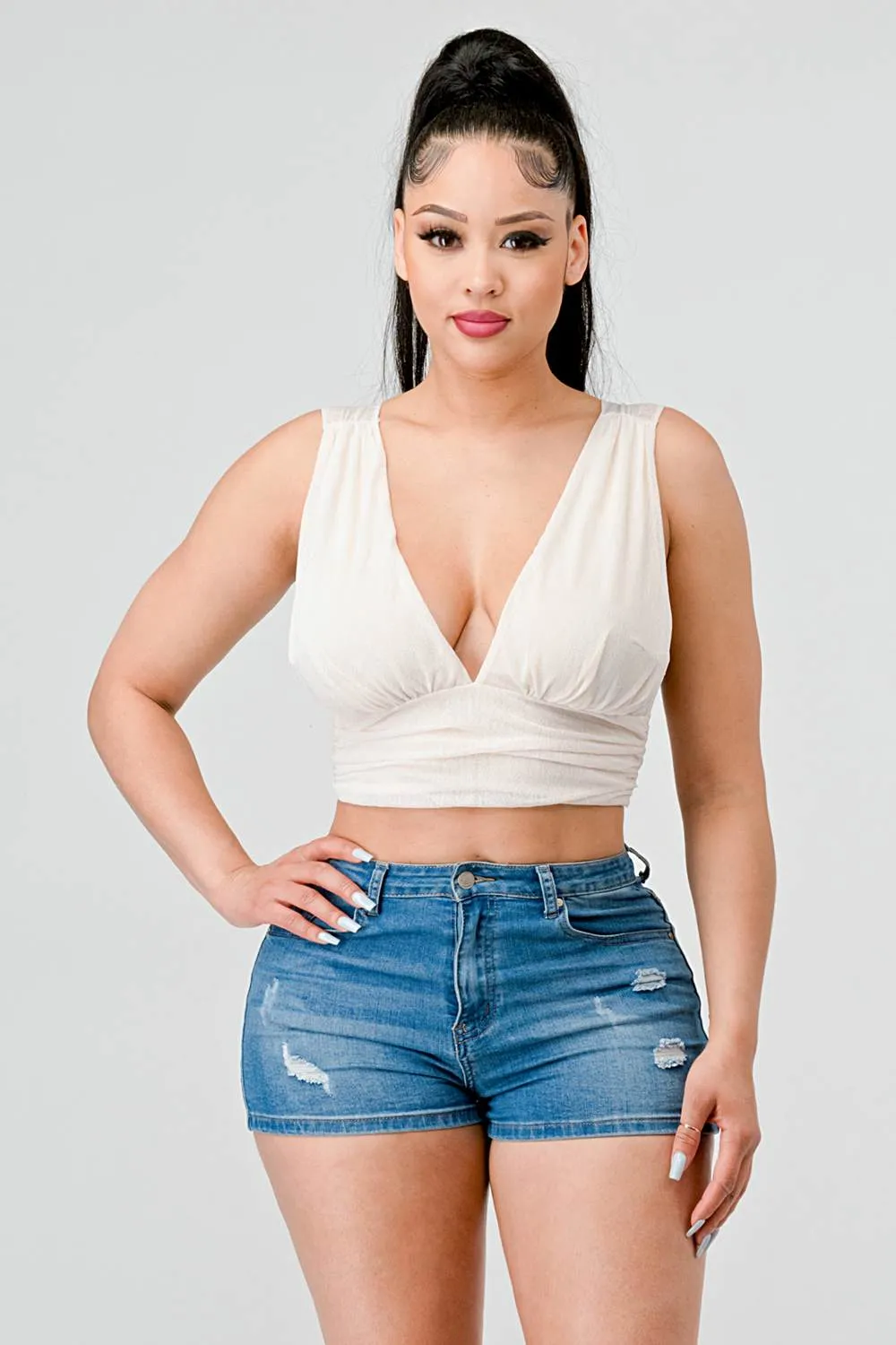 CHIC MESH PLUNGING NECK BACK WAIST TIE TANK TOP sold by privy