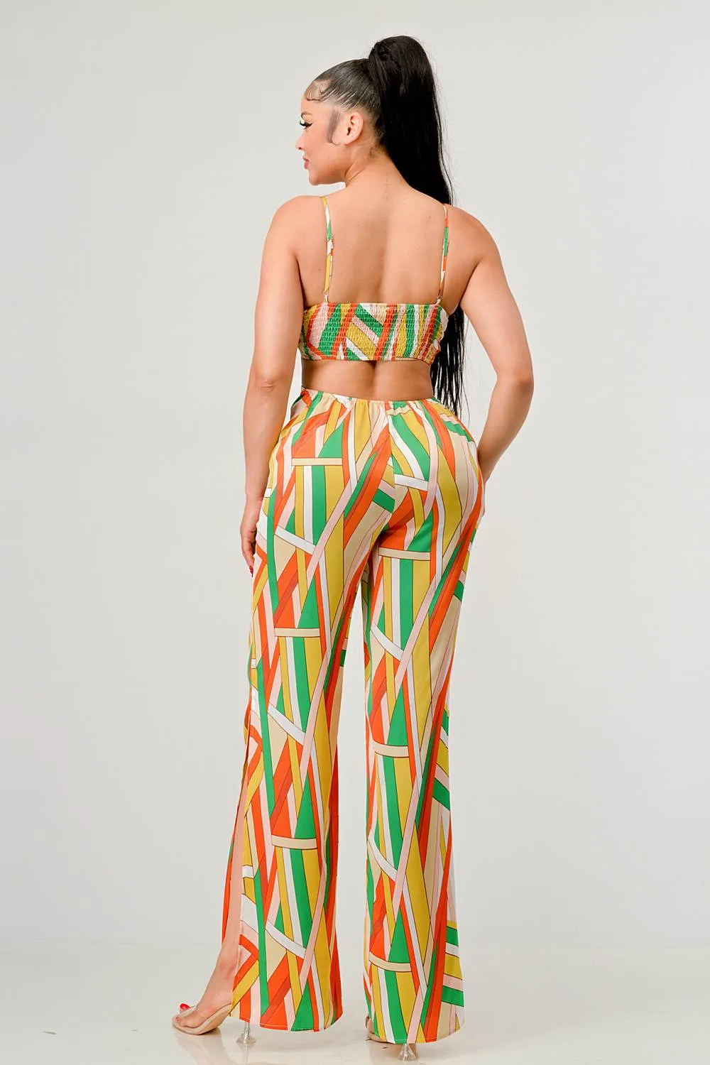 LUXE GEO PRINT SATIN BRA TOP AND PALAZZO JUMPSUIT sold by privy product image thumbnail 3