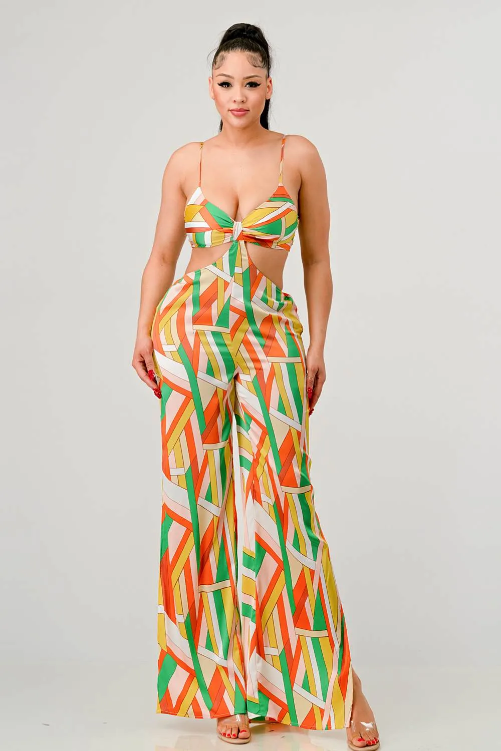 LUXE GEO PRINT SATIN BRA TOP AND PALAZZO JUMPSUIT sold by privy product image thumbnail 4