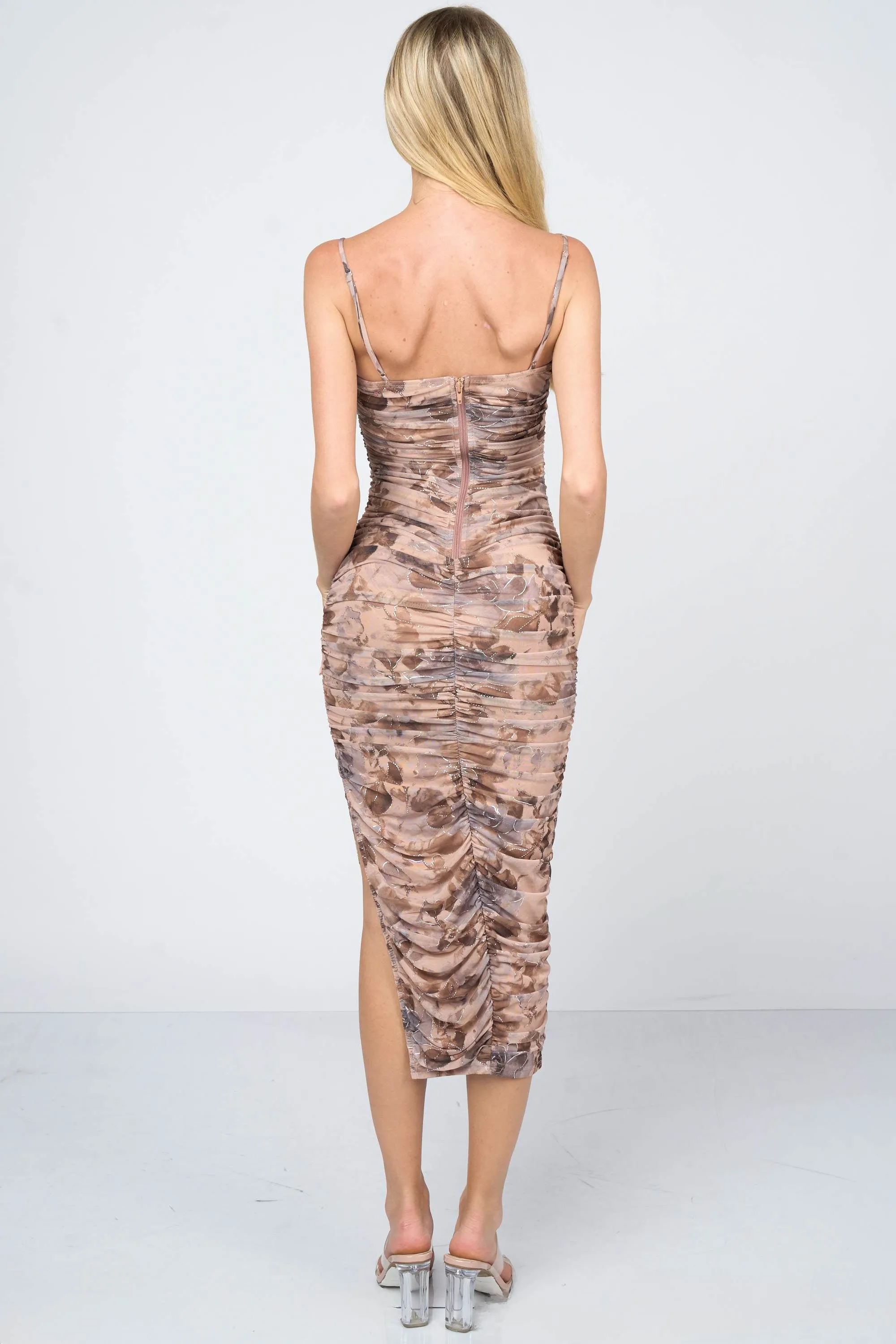 ROMANTIC FLORAL PRINT MESH FOIL RUCHED MIDI DRESS sold by privy product image thumbnail 3