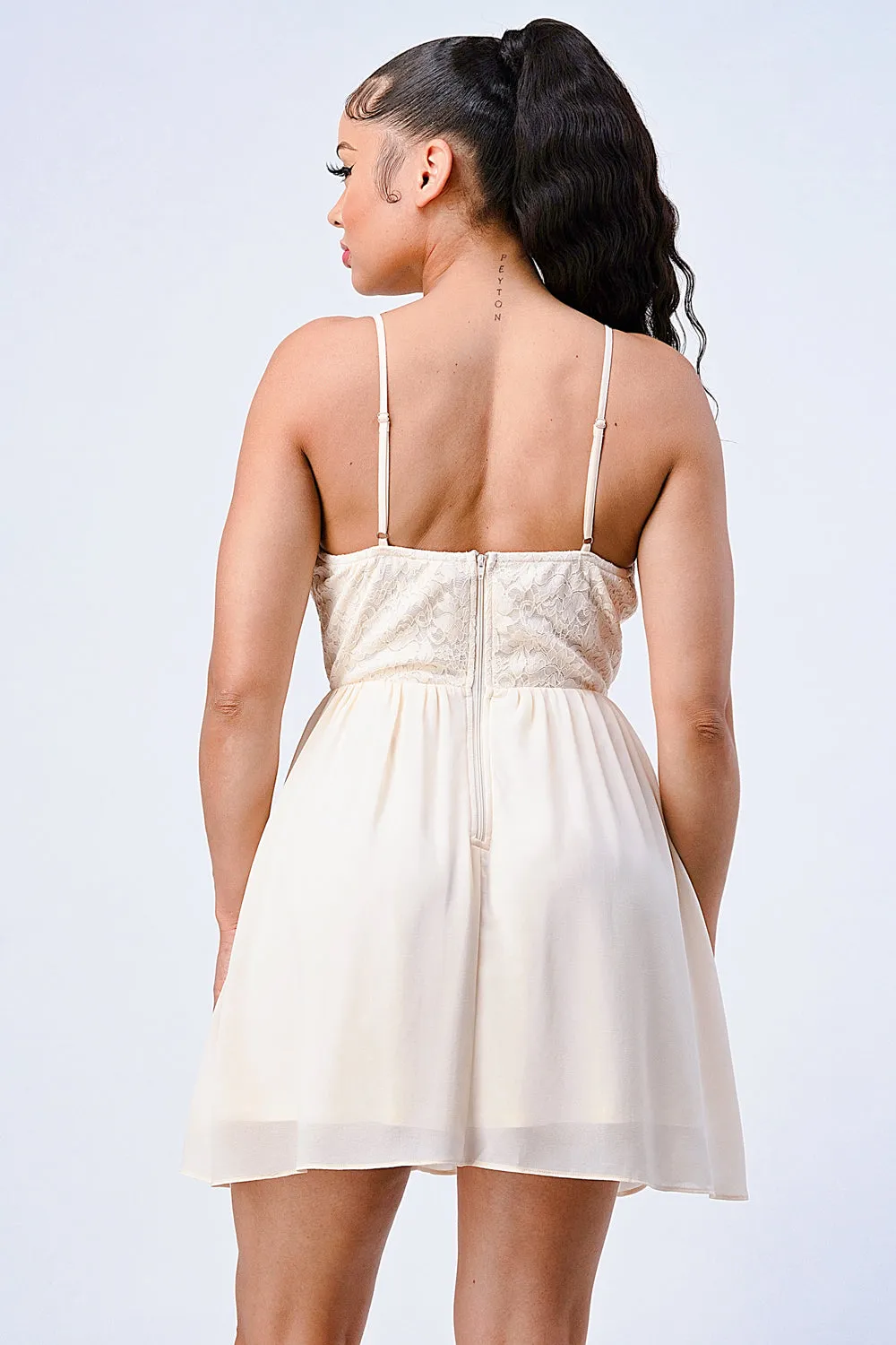 LACE MESH MULTI FABRIC FIT N FLARE DRESS sold by privy product image thumbnail 3