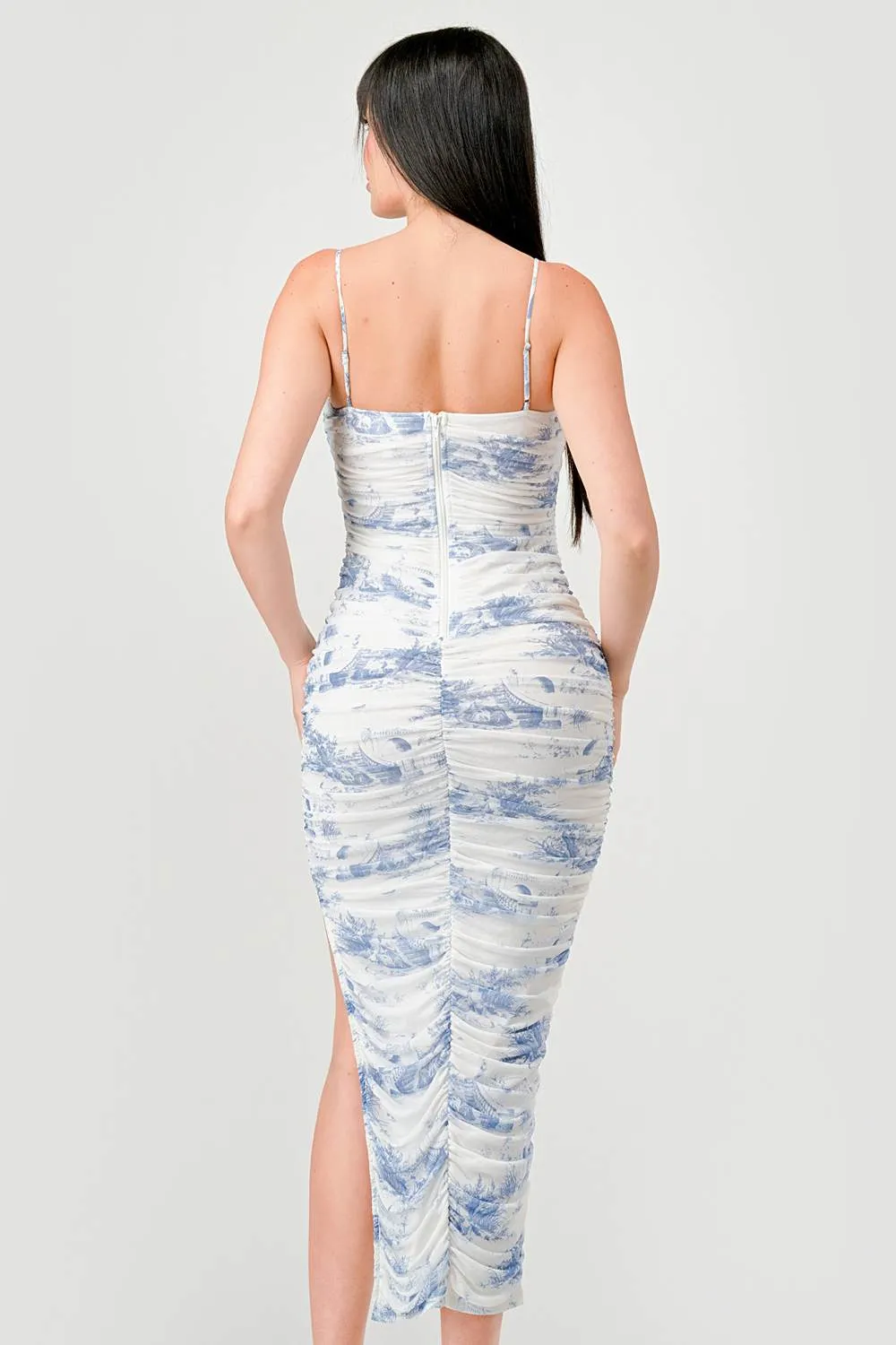 LUXE LANDSCAPE MESH PRINT RUCHED MIDI DRESS sold by privy product image thumbnail 4