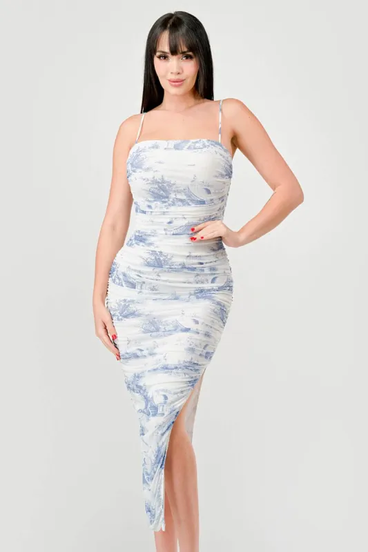LUXE LANDSCAPE MESH PRINT RUCHED MIDI DRESS sold by privy