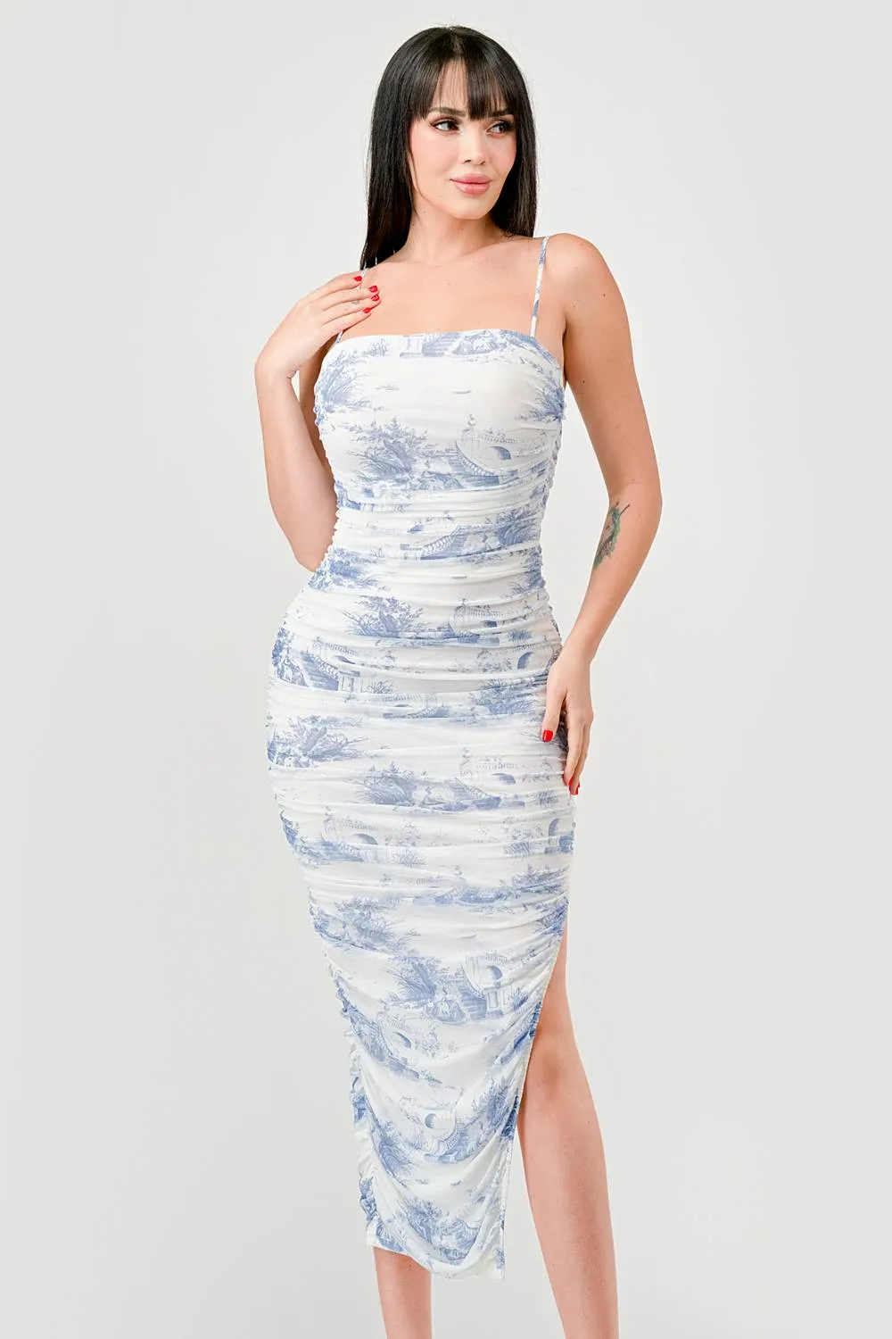 LUXE LANDSCAPE MESH PRINT RUCHED MIDI DRESS sold by privy product image thumbnail 2