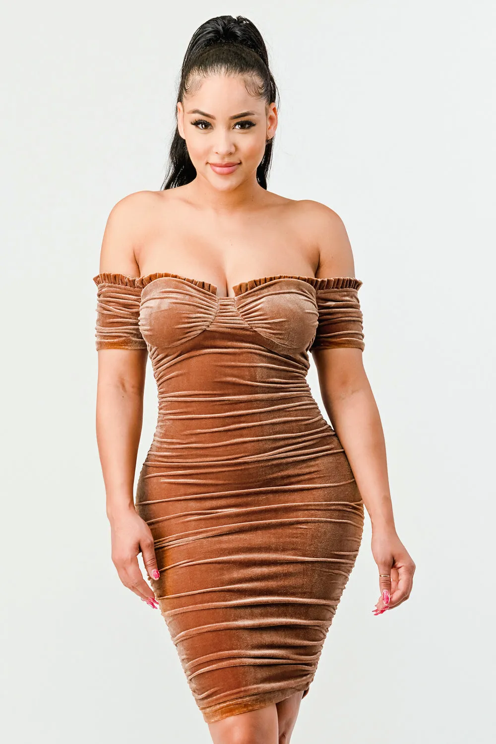 LUXE VELVET OFF SHOULDER BODYCON DRESS sold by privy