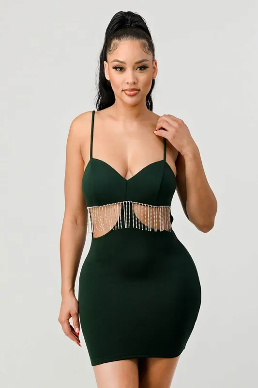 LUX RHINESTONE FRINGE SIDE CUTOUTS MINI DRESS sold by privy