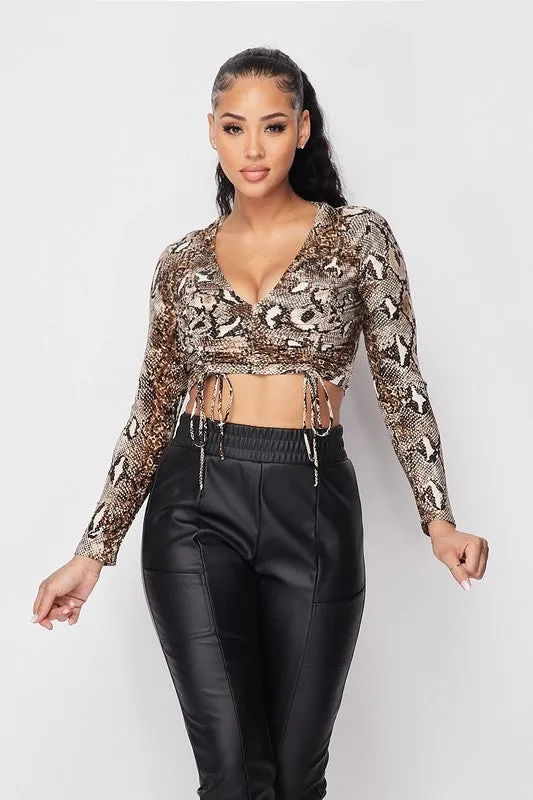 SNAKE PRINT DEEP-V FRONT SHIRRING CROPPED TOP sold by privy product image thumbnail 2